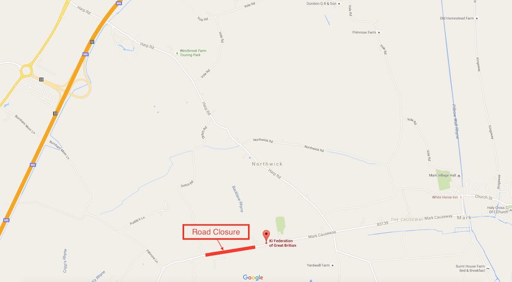 Map of Mark, Somerset indicating a temporary road closure in 2015.