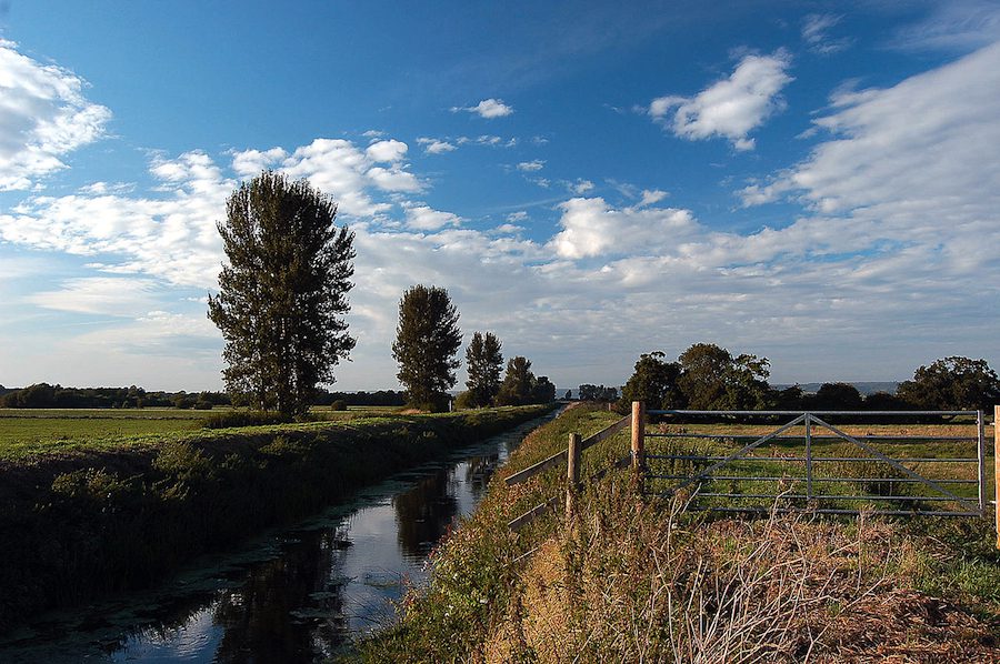 The River Brue following straight through the Somerset levels.